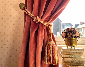 Vintage French Tassels Orange Yellow Off White Curtain Pullbacks Embrasse Rideaux Large Classic Curtain Tassel Tie Rope Ribbons 1970's / EVE