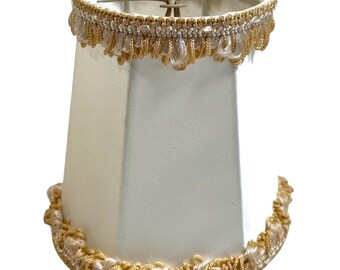 Vintage French Lampshade Fabric Frilly Beige Pearl White Small Desk Table Lamp Shade Material Fringe Design circa 1970's / EVE