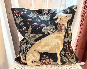 Vintage French Cotton Dog Woven Pillow Case Square Cushion Pillow Cover Pillows Bed Chair Sofa circa 1980-90's / EVE