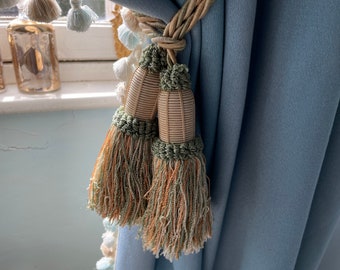 Vintage French Tassels Sage and Champagne Curtain Pullbacks Embrasse Rideaux Classic Curtain Tassel Tie Rope Ribbons 1970's / EVE