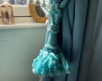 Vintage French Turquoise Blue Green Aqua Curtain Pullbacks Embrasse Rideaux Classic Large Curtain Tassel Tie Rope Ribbons 1960 - 70's / EVE