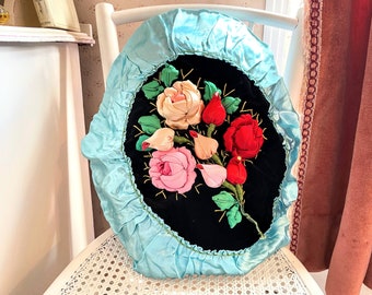 Vintage French 3D Rose Embellished Hand Made Satin Cased Fancy Round Cushion Pillow Cover Pillows Bed Chair Sofa circa 1980's / EVE