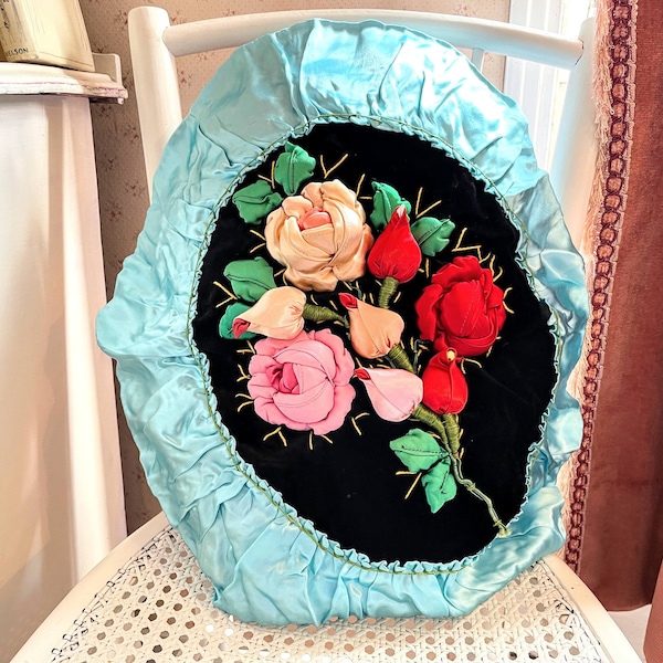 Vintage French 3D Rose Embellished Hand Made Satin Cased Fancy Round Cushion Pillow Cover Pillows Bed Chair Sofa circa 1980's / EVE