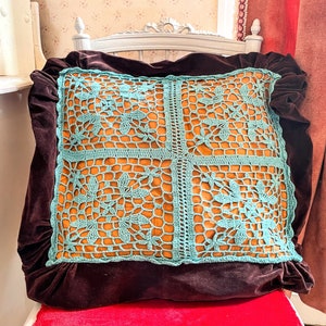 Antique French Velvet Trimmed Blue Orange Pillow Case Cushion Cover Couch Bed Chair or Sofa circa 1950&#39;s / EVE