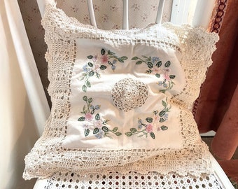 Vintage French Cotton Crochet Embellished Pillow Case Fancy Square Cushion Pillow Cover Pillows Bed Chair Sofa circa 1970-80's / EVE