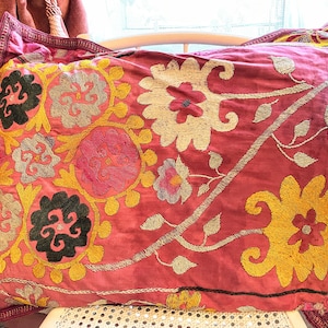 Vintage Indian Flower Embroidered Large Rectangular Flower Pillow Pillows Bed Chair Sofa circa 1970-80's / EVE