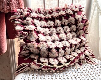 Vintage Red Fancy Embellished Square Pillow Tasselled Tassels Quilted Square Cotton Cases Pillowcases Pillows Chair Sofa circa 1980's / EVE