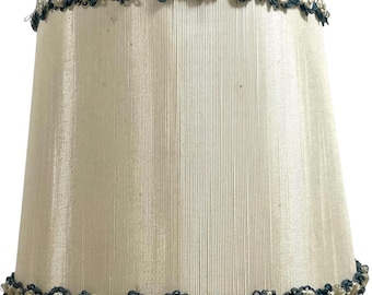 Vintage French Lampshade Fabric Canvas Beige Blue Small Desk Table Lamp Shade Material Fringe Design circa 1960-70's / EVE
