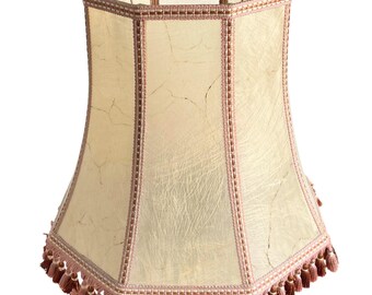 Vintage French Lampshade Leather Skin Beige Brown Large Lamp Shade Tassle Fringe Design circa 1960-70's / EVE