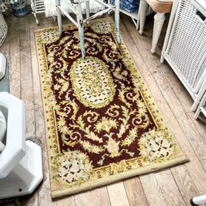 Antique French Green Brown Cream Pink Ornate Fancy Rug Carpet Floor Covering Decor Display Prop France Tapis circa 1920’s / EVE
