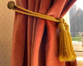 Vintage French Yellow Gold Curtain Pullbacks Embrasse Rideaux Classic Curtain Tassel Tie Rope Ribbons 1960's / EVE