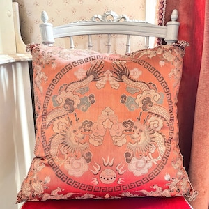 Vintage Chinese Square Dragon Faded Red Pink Silk Cushion Pillow Pillows Bed Chair Sofa circa 1970&#39;s / EVE