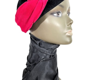 Vintage French Black Red Velvet Knot Cap Hat Theatre Prop 1940-50's / EVE