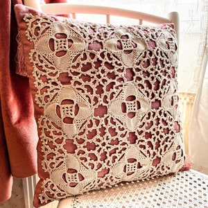 Vintage French Pink Velvet Square Beige Crochet Lace Flower Pillow Pillows Cushion Bed Chair Sofa circa 1990’s / EVE DAMON