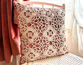 Vintage French Pink Velvet Square Beige Crochet Lace Flower Pillow Pillows Cushion Bed Chair Sofa circa 1990’s / EVE DAMON
