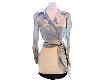 Vintage French Grey Satin Sash Tied XS Extra Small Blouse Top Theatre Costume Poly Fabric Snap Closing France circa 1970s / EVE