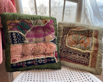 Vintage Indian Hand Made Square Patchwork Pillow Cases Pillowcases Pillows Chair Sofa circa 1980's / EVE