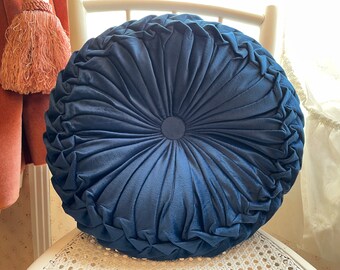 Vintage French Blue Fancy Velvet Draped Round Pillow Pair X2 Pillows Bed Chair Sofa circa 1980-90's / EVE