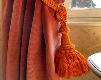 Vintage French Orange Curtain Pullbacks Embrasse Rideaux Classic Large Curtain Tassel Tie Rope Ribbons 1960 - 70's / EVE