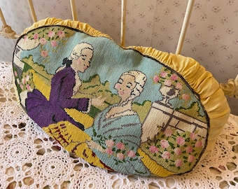 Antique French Cross Stitch Feather Pillow Pillows Courtship Yellow Purple Blue Couch Bed Chair or Sofa circa 1910-20's / EVE