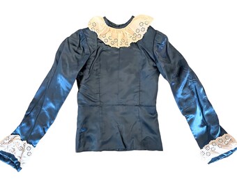 Vintage French Blue Satin XXS Extra Extra Small Eye and Hook Lace Peter Pan Collar Top Theatre Costume Poly France circa 1970s / EVE