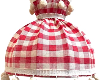 Vintage French Vichy Gingham Lampshade Fabric Red White Chequered  Bobble Small Desk Table Lamp Shade Material Design circa 1970-80's / EVE