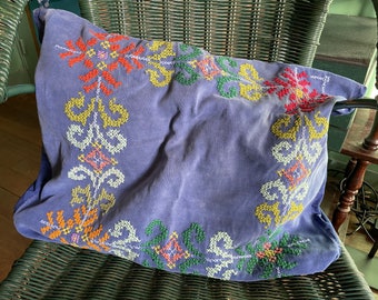Vintage French Hand Made Cross Stitch Decorated Woven Pillow Case Rectangular Cushion Pillow Cover Pillows Bed Chair Sofa circa 1960's / EVE