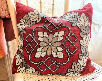 Vintage French Red Glass Pearl Embroidered Feather Down Fancy Cross Stitched Pillow Pillows Bed Chair Sofa Red White circa 1950-60's / EVE