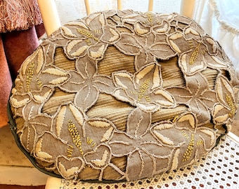 Vintage French Green Embroidered Double Sided Flower Motive Oval Pillow Pillows Bed Chair Sofa circa 1940-50's / EVE