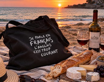 Je Parle en Francais quote black large organic cotton tote bag