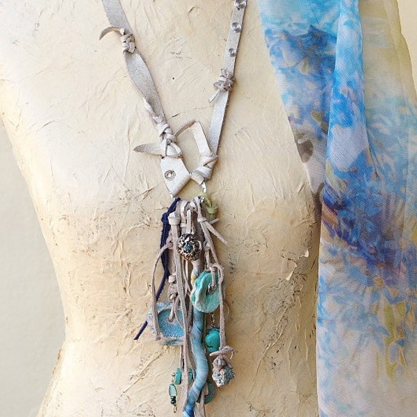 RESERVATION for Margaret Necklace Boho Leather Necklace Beach Jewelry Assemblage Mixed Media Wearable Art Fringe Necklace OOAK