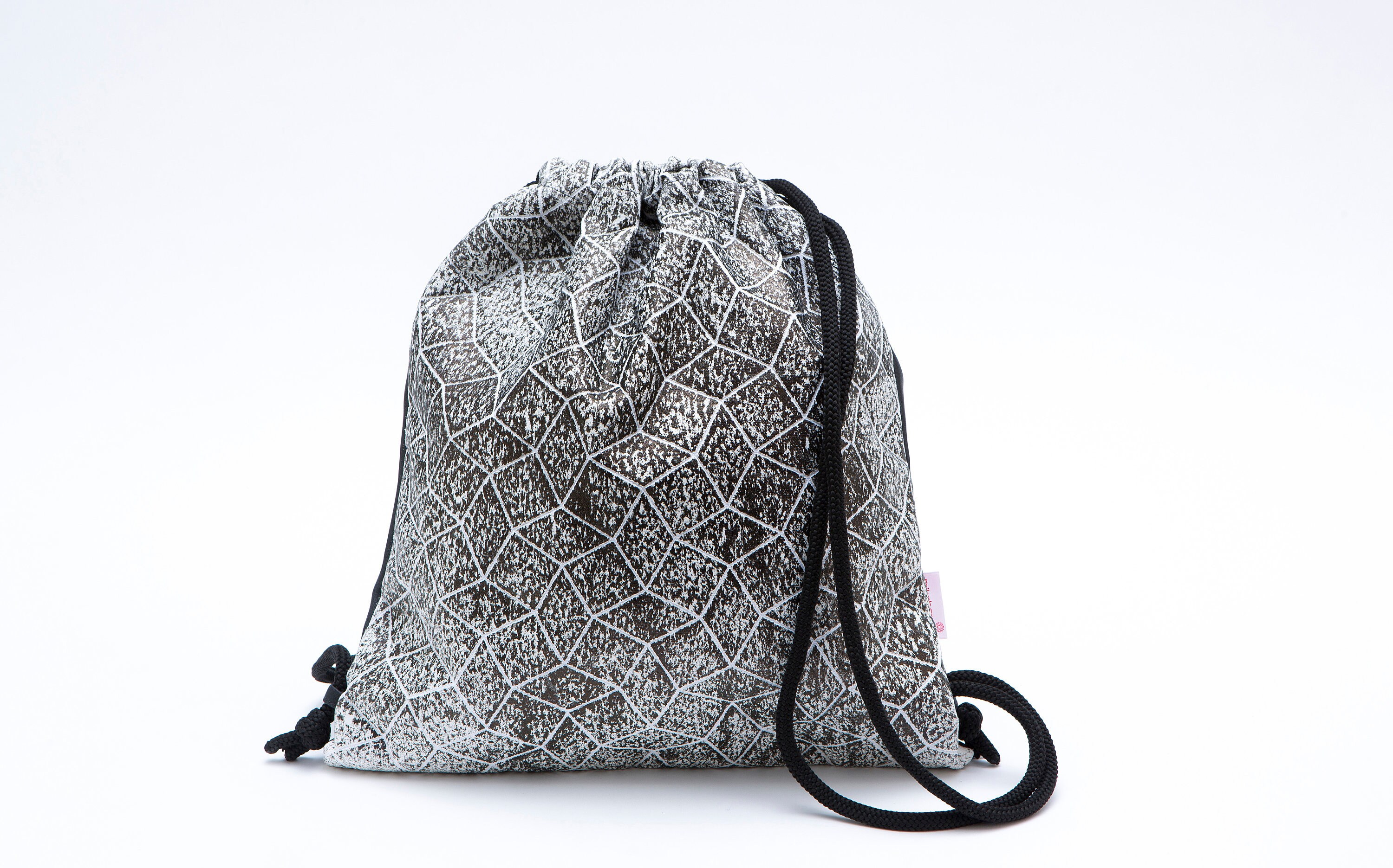 black and white drawstring bag