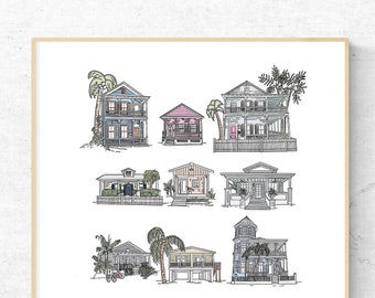May include: A printable art print featuring a collection of colorful houses with palm trees and the text "Key West, Florida".