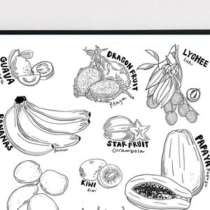 Tropical Fruit Illustration 8x10in Print, Tropical fruit drawing, food art, fruit illustration - Digital Download