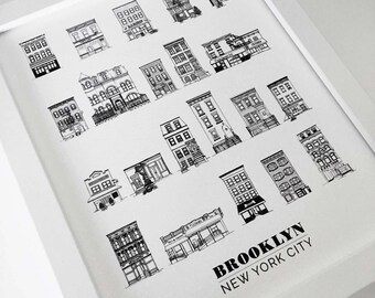 Brooklyn Brownstones & House Illustration 5x7in Print - Digital Download