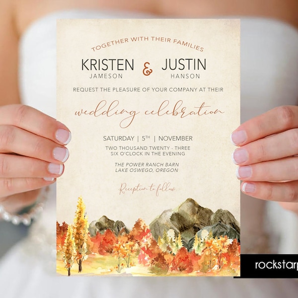 Fall Mountain Wedding Invitation, Mountains, Fall Color, Forest, Printed Invitation, Burnt Orange, Wedding Set _1399