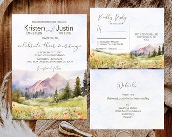 Watercolor Mountain and Wildflower Wedding Invitation wedding invite suite  _1404