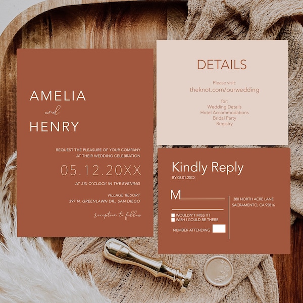 Boho Minimalist Terracotta Wedding Invitation, Burnt Orange Wedding Invite, Desert Wedding Invite, Rust Invite _1400