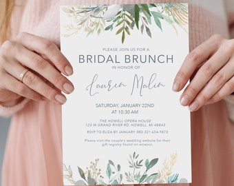 Elegant Greenery Bridal Brunch Invitation,Leaves,Vines,Botanical,Gold Print,Shimmery,Personalize,Printed Invitation,Envelope _1385