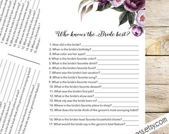 Who Knows the Bride best Game Card, Printable, Instant Download - Floral Shower Invite Purple, Plum, Gold _ 1308