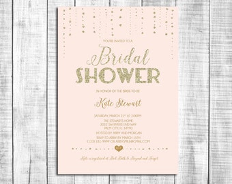 gold sparkle bridal shower invitation pink and gold glitter, printable, modern chic shower, digital invite customizable _1125