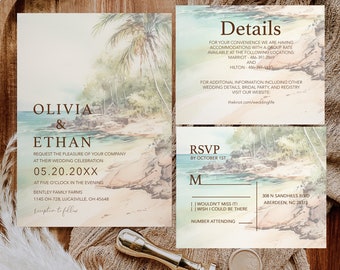 Beach Wedding Invitation Ocean Wedding - Tropical Wedding Invitation Palm Tree Watercolor Wedding   _1405