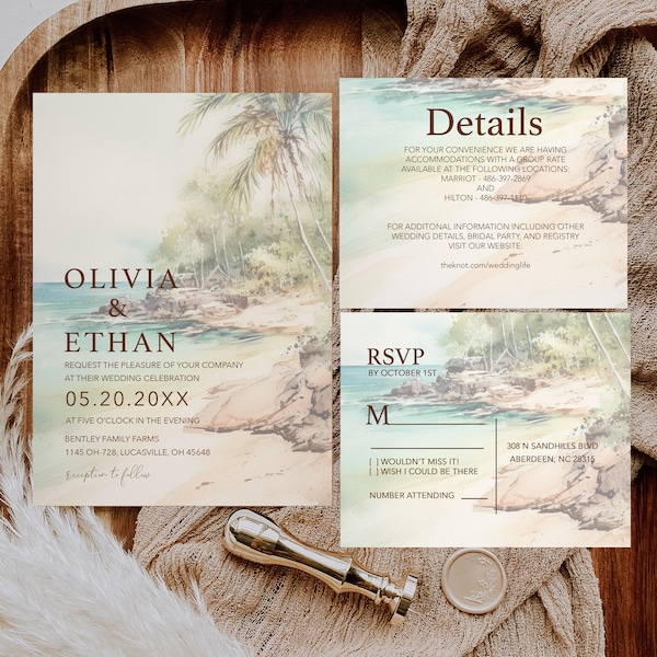 Beach Wedding Invitation Ocean Wedding - Tropical Wedding Invitation Palm Tree Watercolor Wedding   _1405
