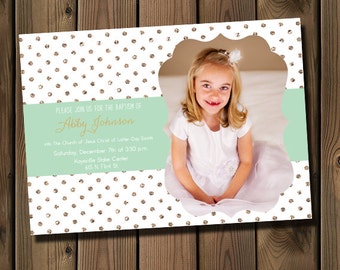 LDS Baptism Invitation With Photo - Gold and Mint, Printable _1235