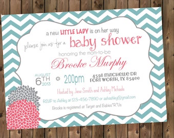 Girl Baby Shower Invitation, Aqua and Pink, Baby Girl Shower invitation, Digital File,  PRINTABLE _199