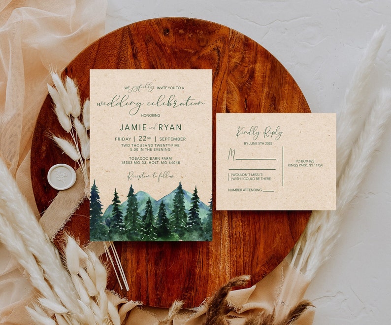 Mountain Wedding Invitation Rustic Wedding Forest Wedding Invitation Outdoor Wedding Watercolor Wedding _1388 画像 3