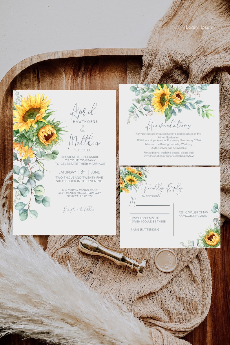 Sunflower Wedding Invitation Rustic Sunflower wedding invite suite, Watercolor _1367 image 4