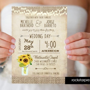 Rustic Sunflower Wedding Invitation Mason Jar Rustic Burlap, Printable Wedding Digital File Country Barn Wood Hanging Lights _1352