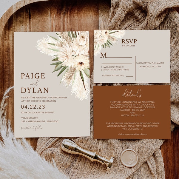 Pampas Grass Boho Wedding Invitation, Boho floral wedding invite suite, Watercolor  _1393