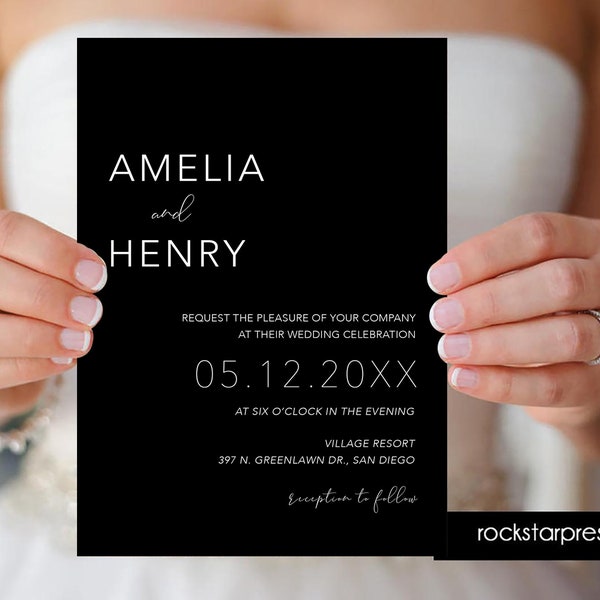 Black Modern Minimalist Wedding Invitation, Modern Wedding Invite, Black Wedding Invites _1398